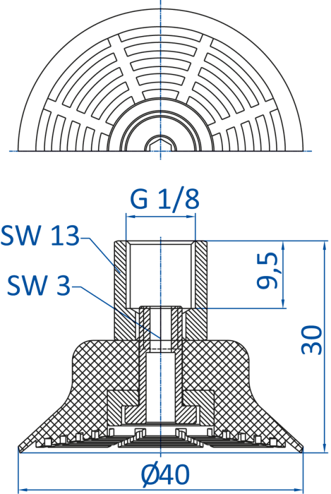 Flat vacuum cup Ø 40 mm; Stroke 2.5 mm; G18 female; 100.040.103 FIPA - SM-P Non-slip Ø 40 mm; Stroke 2.5 mm - 昇歆科技有限公司